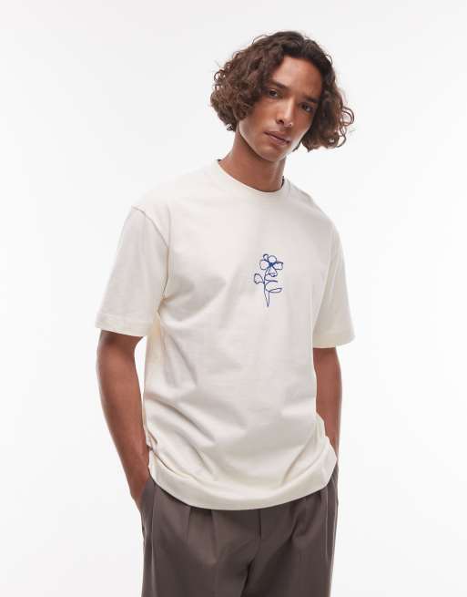 Camiseta color crudo holgada con bordado de dibujo de flor premium de Topman