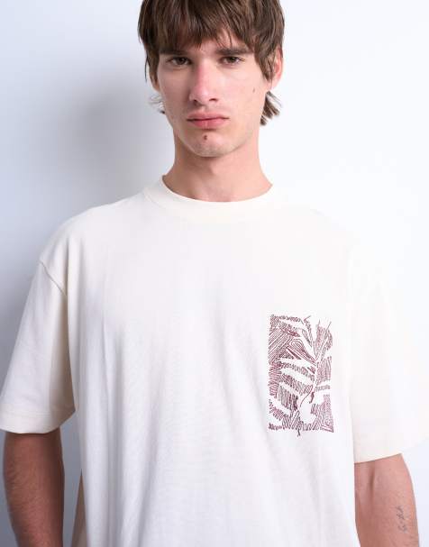 Camiseta color crudo holgada con bordado floral de dibujo delineado de Topman - view 1