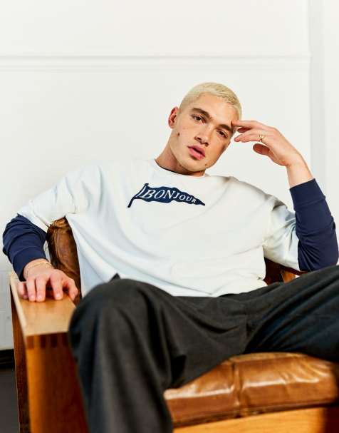 Camiseta color crudo holgada con parche de bandera con texto "Bonjour" de Topman - view 1