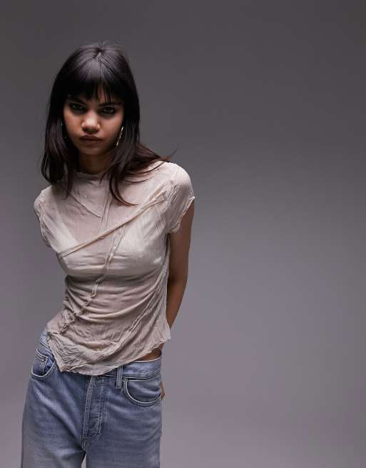 Camiseta color crudo oscuro con mangas de casquillo y diseño rugoso de Topshop