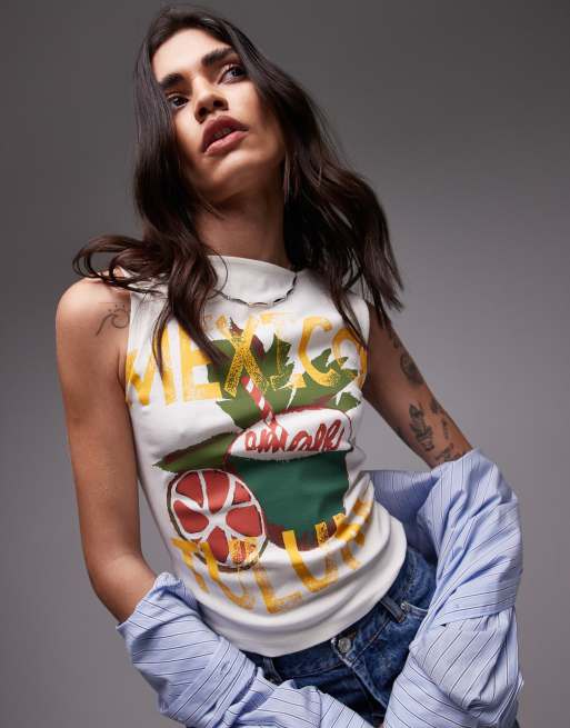 Camiseta color crudo sin mangas con estampado gráfico 