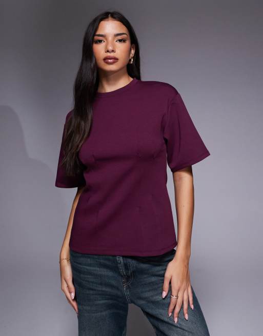 Camiseta color higo con detalle entallado de costura de tejido entrelazado de ASOS DESIGN