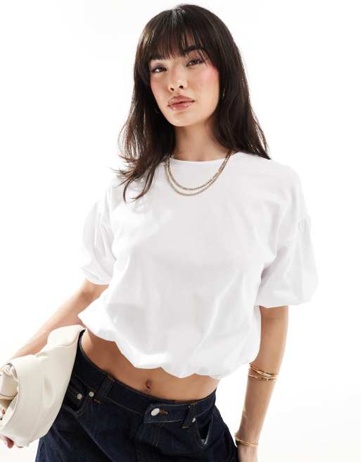 Camiseta color marfil con mangas y bajo abullonado de ASOS DESIGN