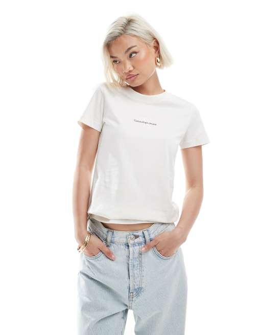 Camiseta color marfil de corte slim con logo de monograma de Calvin Klein Jeans