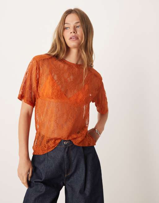 Camiseta color óxido de corte cuadrado con hombreras de encaje transparente de ASOS DESIGN