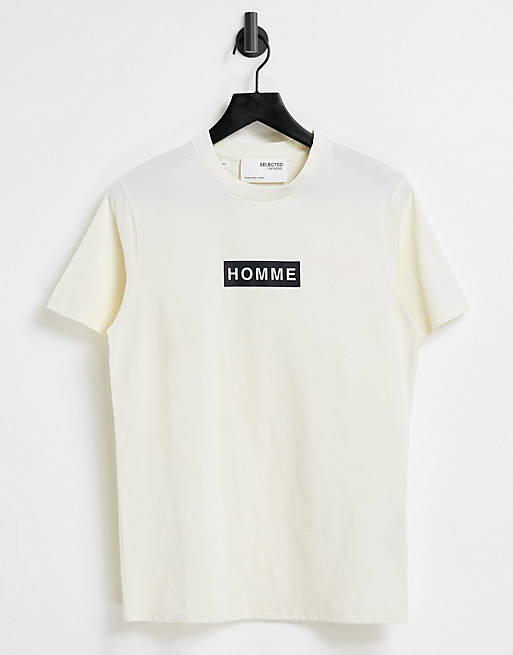 Camiseta color piedra con logo de Selected Homme