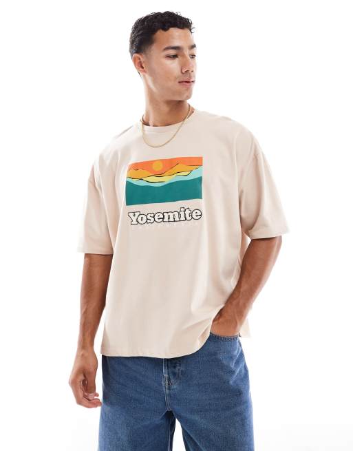 Camiseta color piedra de corte cuadrado extragrande con estampado gráfico veraniego de tejido grueso de 240 g/m² de ASOS DESIGN