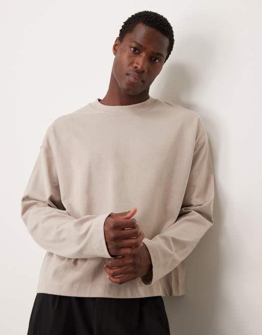 Camiseta color piedra de manga larga y corte cuadrado extragrande de tejido grueso premium de 300 g/m2 de ASOS DESIGN
