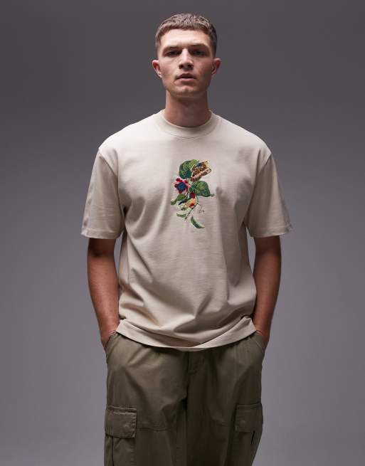 Camiseta color piedra extragrande con bordado de pájaro de Topman
