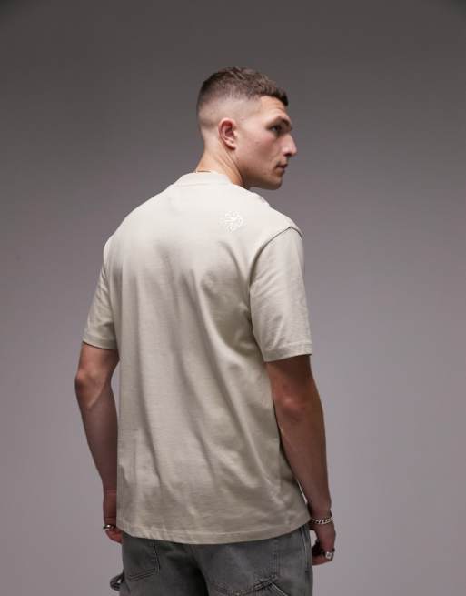 Camiseta color piedra extragrande con bordado de rosa de Topman, 4 de 4