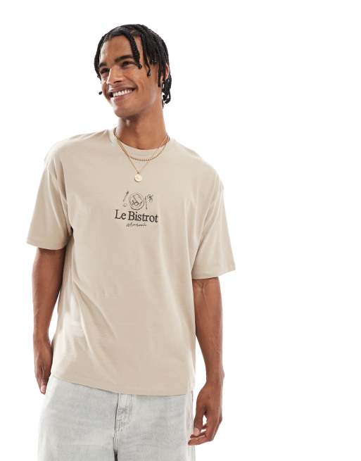 Camiseta color piedra extragrande con bordado en el pecho de ASOS DESIGN