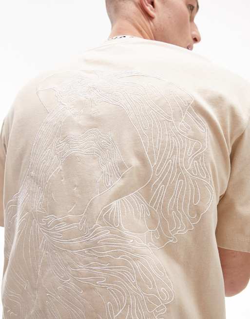 Camiseta color piedra extragrande con bordado griego en el pecho y la espalda de Topman
