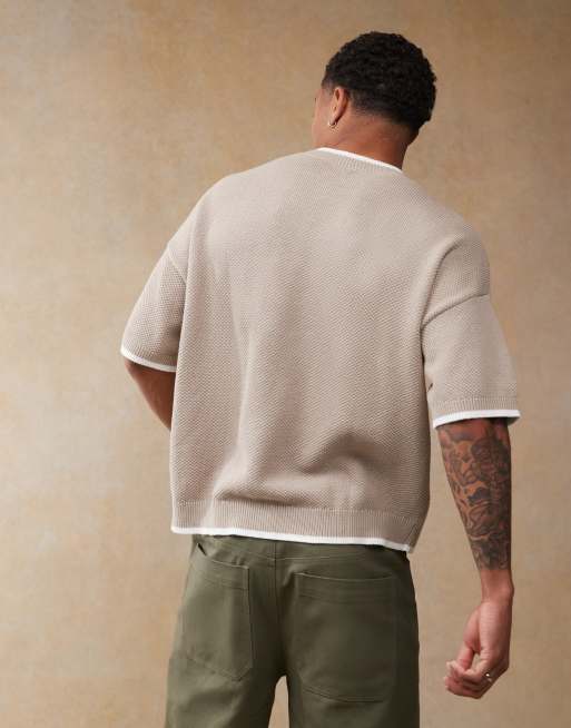 Camiseta color piedra extragrande con cuello redondo de punto de piqué de ASOS DESIGN , 3 de 4