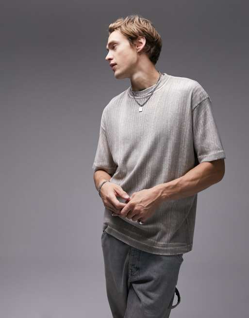 Camiseta color piedra extragrande con lavado descolorido de canalé de Topman