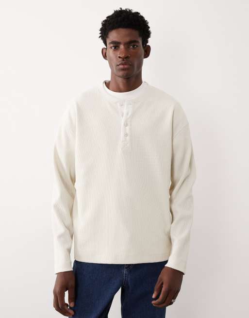 Camiseta color piedra extragrande de manga larga con cuello panadero de tejido grueso gofrado AC-T-253 de ASOS COLLECTIVE