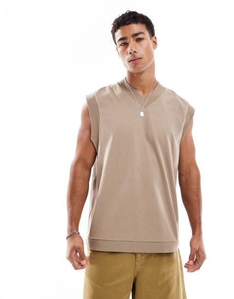 Camiseta color piedra extragrande sin mangas con cuello de pico y costuras en contraste de ASOS DESIGN - view 1