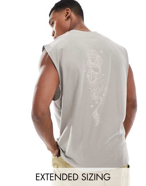 Camiseta color piedra extragrande sin mangas con estampado trasero de tejido texturizado de ASOS DESIGN