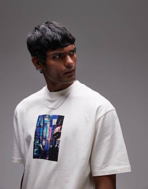 Camiseta color piedra lavado extragrande con estampado de calle de Tokio de Topman