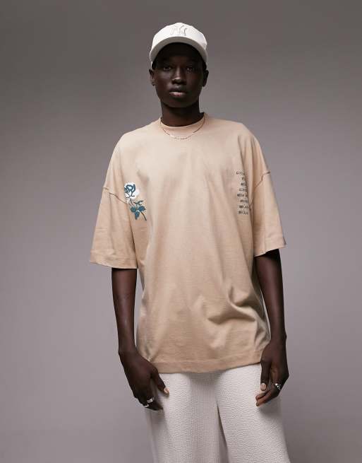 Camiseta color piedra ultragrande con estampado floral en el pecho y la espalda de Topman