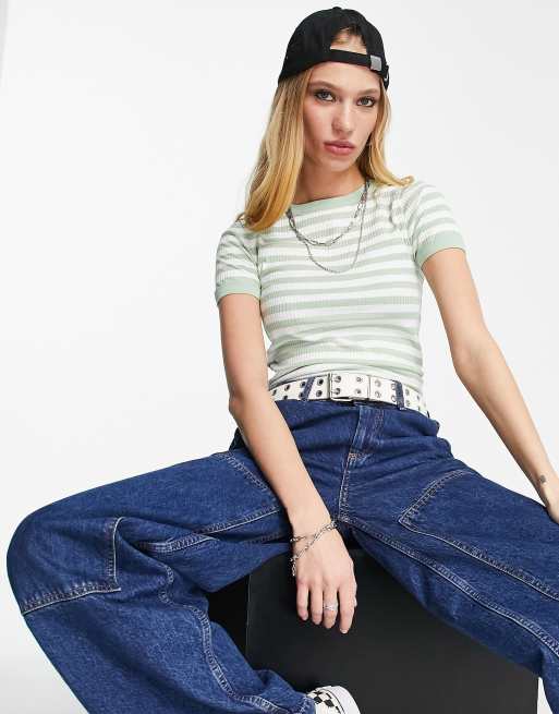Camiseta color salvia a rayas de corte slim de canalé de ASOS DESIGN