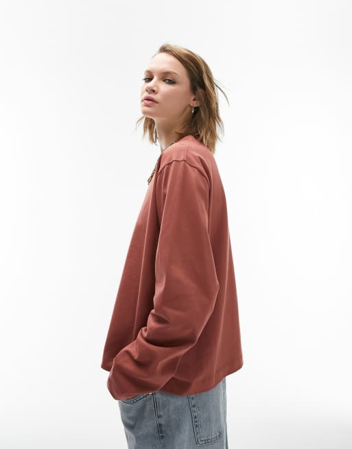Camiseta color teja basica de manga larga con cuello redondo premium de Topshop