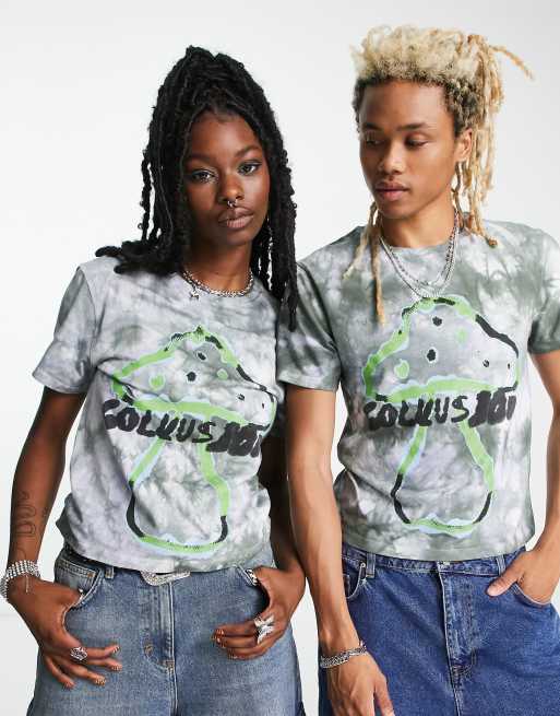 Camiseta con efecto tie dye, diseño encogido y detalle estampado de COLLUSION Unisex