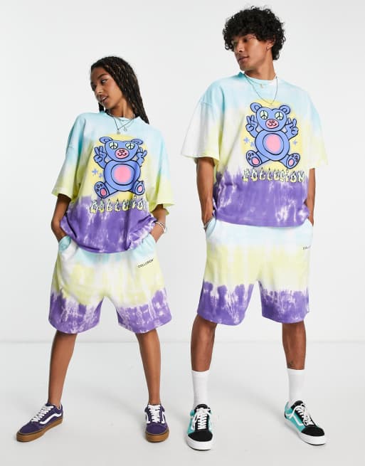 Camiseta con estampado tie dye y estampado de oso simpático de COLLUSION Unisex (parte de un conjunto)