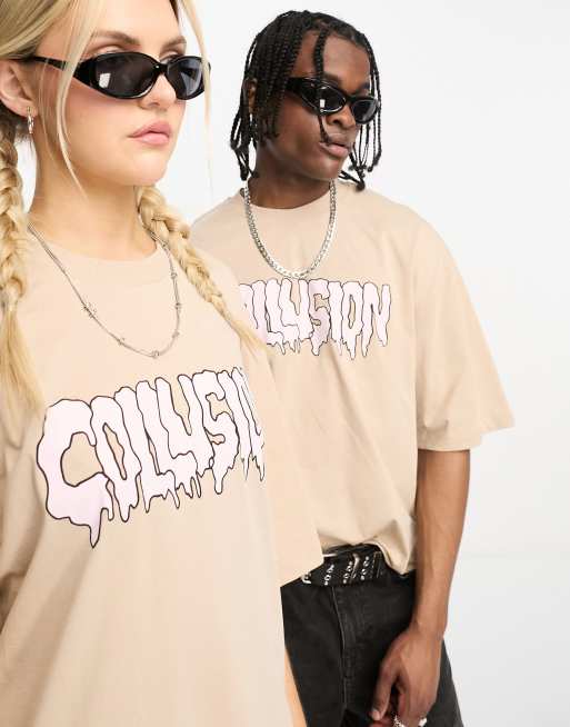 Camiseta con lavado color piedra y estampado gráfico con goteo de COLLUSION Unisex