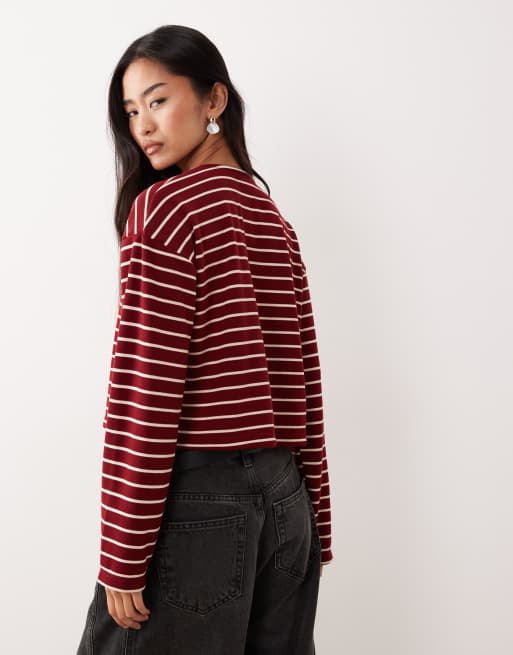 Camiseta corta a rayas rojas de corte cuadrado y manga larga de ASOS DESIGN, 4 de 4
