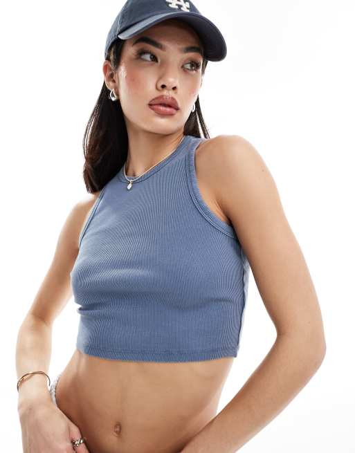 Camiseta corta azul añil sin mangas con lavado ácido de New Look 