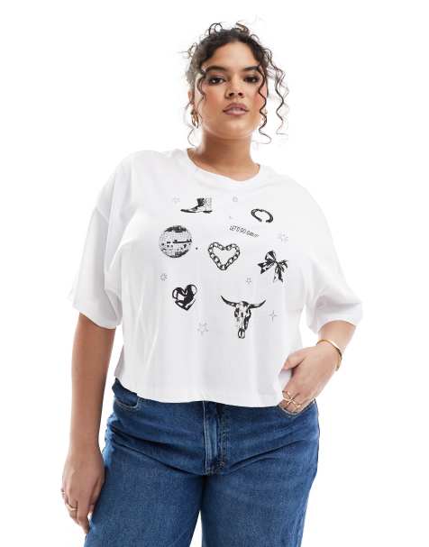 Camiseta corta blanca con estampado gráfico con motivos de vaquera de ONLY Curve - view 1