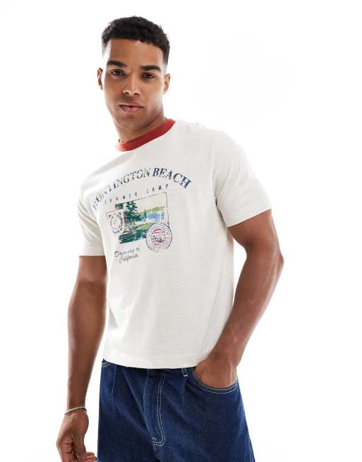 Camiseta corta color avena jaspeado de corte estándar con estampado en el pecho de ASOS DESIGN