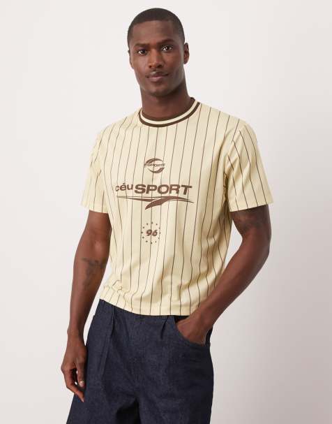 Camiseta corta color crema a rayas con estampado gráfico de tejido deportivo de ASOS DESIGN - view 1