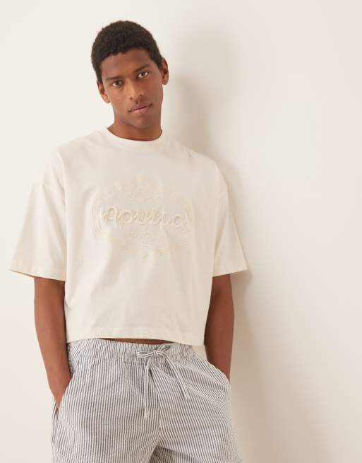 Camiseta corta color crema extragrande con bordado calado en el mismo tono de ASOS DESIGN