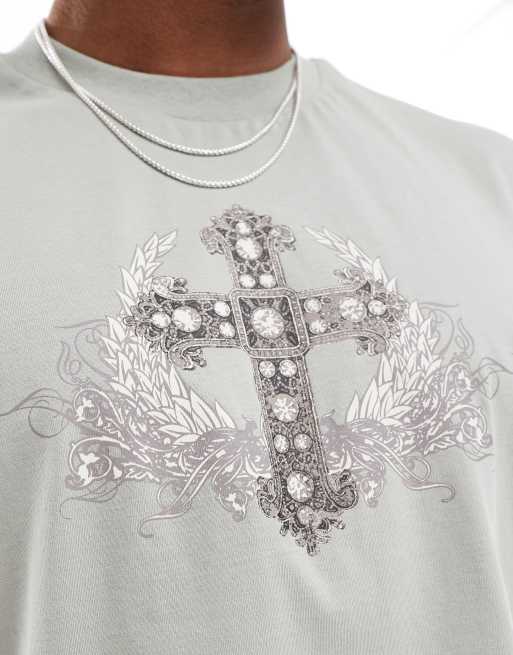 Camiseta corta gris extragrande sin mangas con estampado de cruz en el pecho de ASOS DESIGN, 3 de 4
