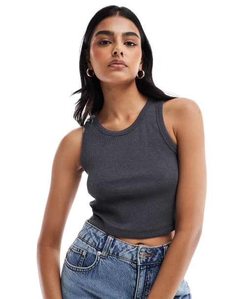 Camiseta corta gris oscuro sin mangas de canalé Fallon de JJXX - view 1