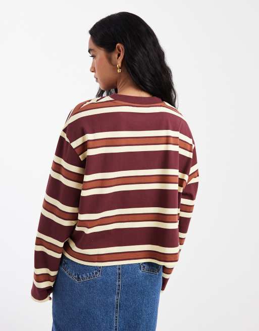 Camiseta corta marrón chocolate a rayas de manga larga y corte cuadrado de ASOS DESIGN, 4 de 4