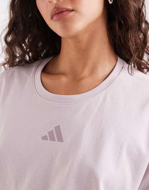 Camiseta corta morado escarcha sin mangas de corte cuadrado con 3 rayas Power Workout de adidas Performance, 3 de 4