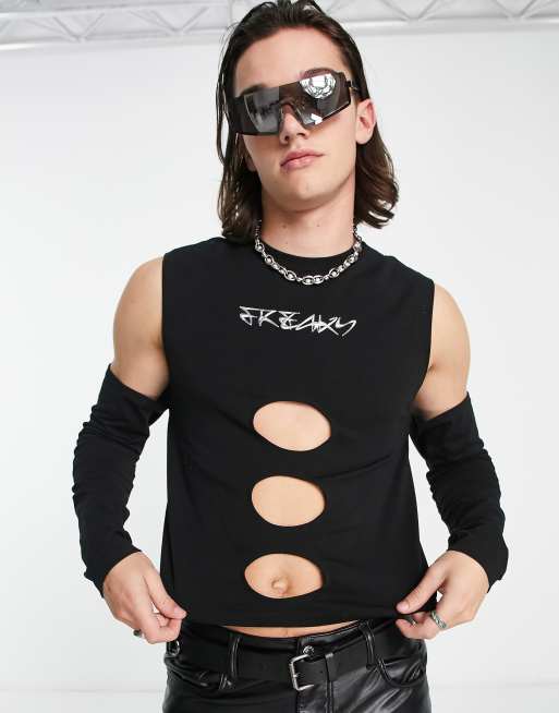 Camiseta corta negra ajustada de manga larga con estampado cromado y aberturas de ASOS DESIGN
