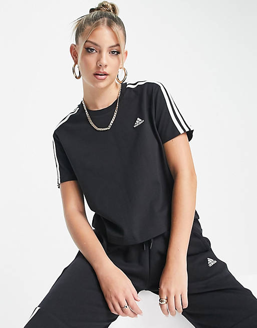 Trivial Centralizar Inspirar Camiseta corta negra con 3 rayas de adidas Sportswear Essential | ASOS