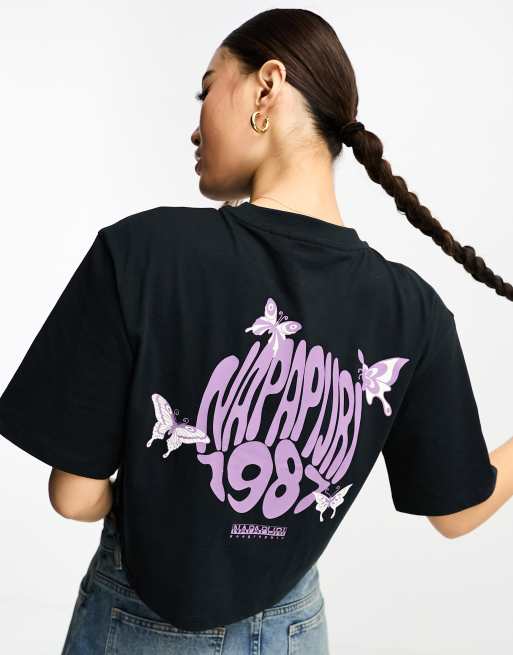 Camiseta corta negra con estampado en la espalda Veny exclusiva en ASOS de Napapijri