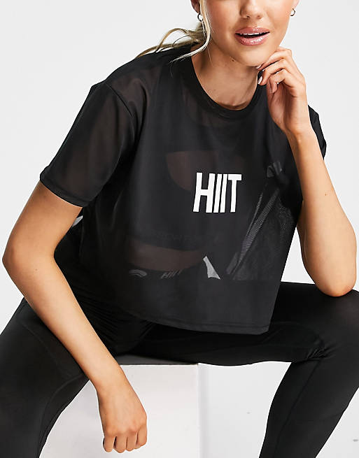 Mujer Tops | Camiseta corta negra de malla de HIIT - WS01899