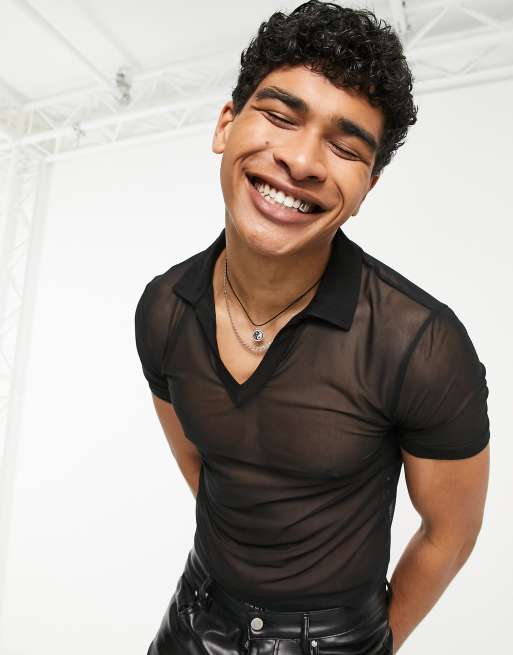 Camiseta corta negra entallada con cuello de pico con solapas tipo polo de malla de ASOS DESIGN