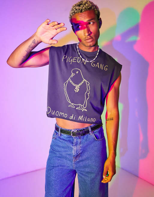 Camiseta corta negra extragrande sin mangas con estampado de dibujo delineado de pájaro de ASOS DESIGN