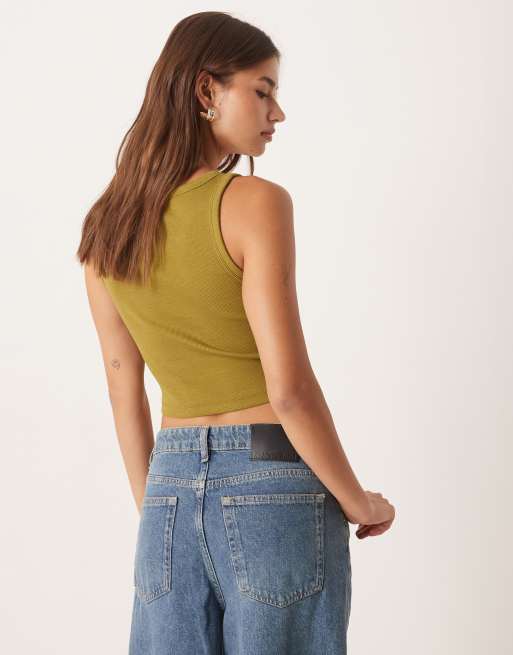 Camiseta corta verde caqui sin mangas de canalé Fallon de JJXX, 4 de 4
