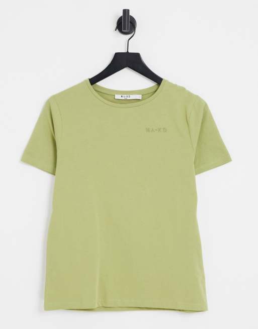 Camiseta de algodón con logotipos de NA-KD en color verde salvia - VERDE