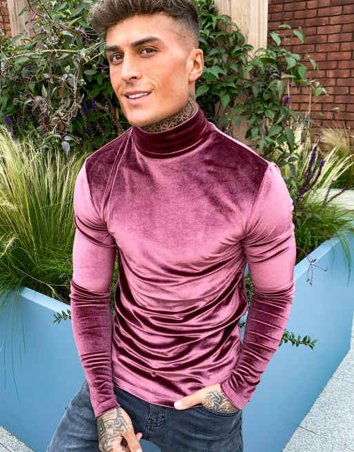 Camiseta de manga larga ajustada y elástica con cuello vuelto en velour de color burdeos de ASOS DESIGN