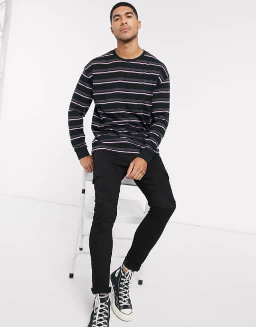 Camiseta De Manga Larga Negra Con Rayas En Colores Pop De New