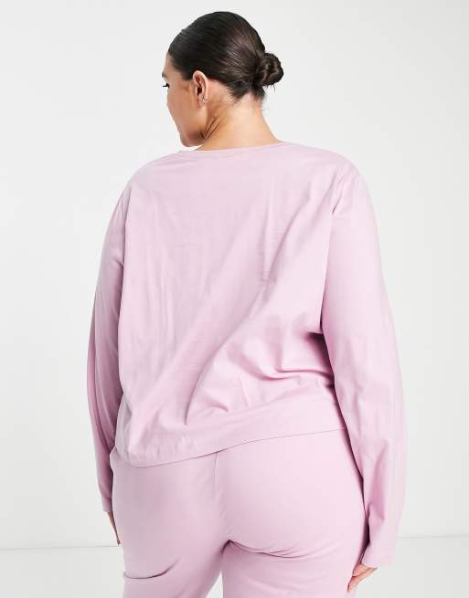 Camiseta de pijama rosa de manga larga de punto de algodón Mix & Match de ASOS DESIGN Curve - PINK, 2 de 4