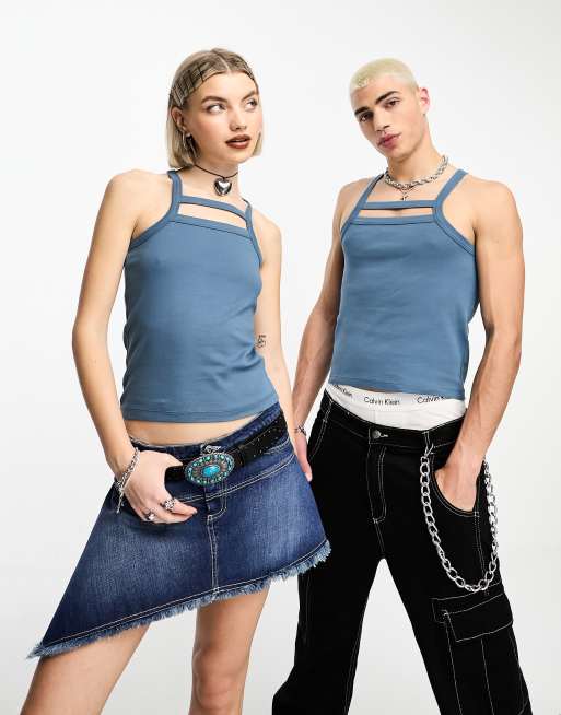 Camiseta de tirantes azul lavada con cuello de nadadora y abertura de COLLUSION Unisex